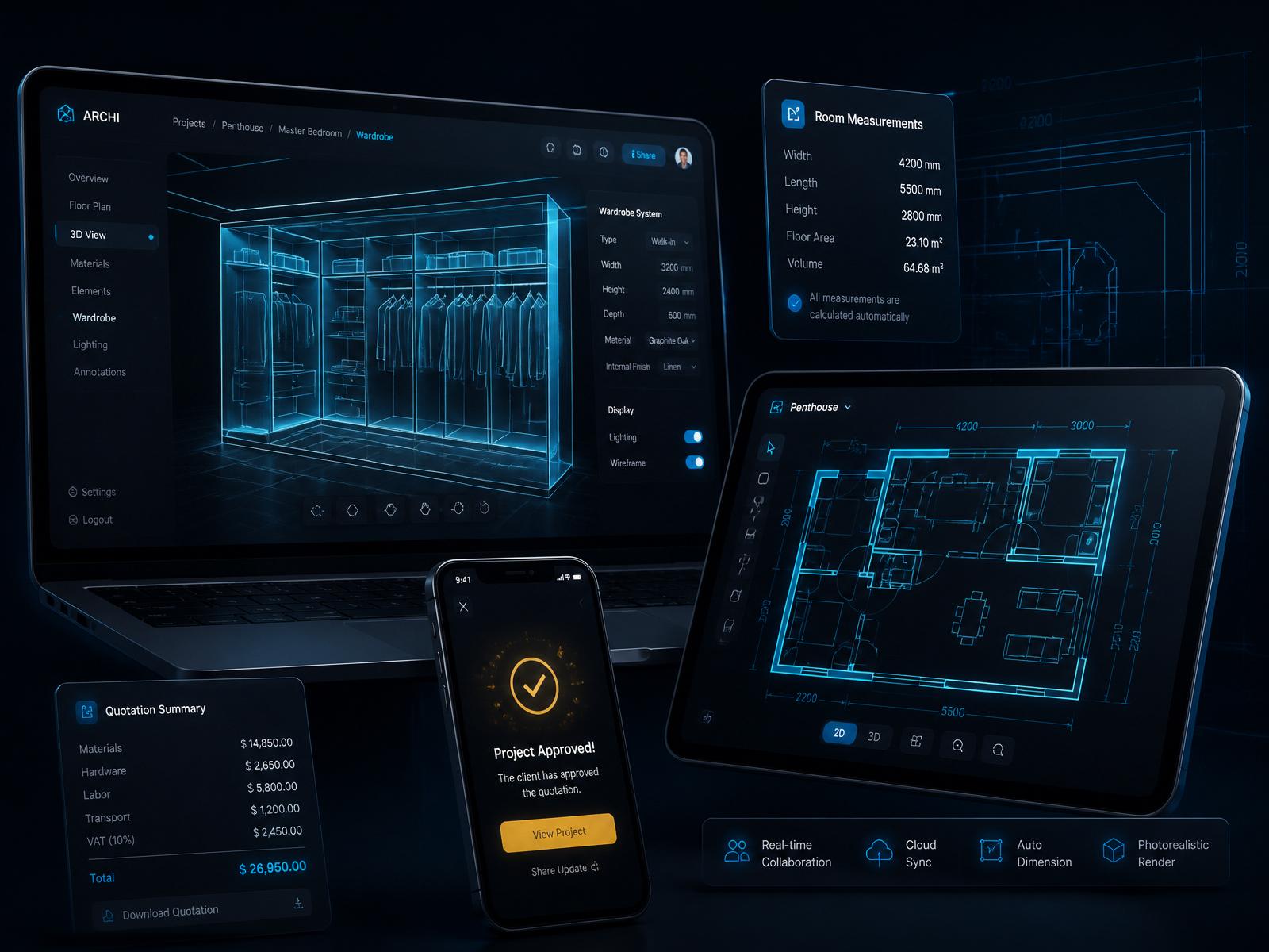 Khizana platform showing 3D wardrobe designer, floor plan and approval on multiple devices